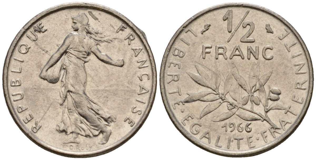 Франция 1/2 франка 1966 KM 931 никель 4601-726