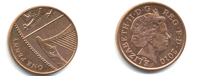 Великобритания 1 пенни 2010 Елизавета II (1952-2022) KM 1107, Spink B6 сталь плакированная медью 177-1227