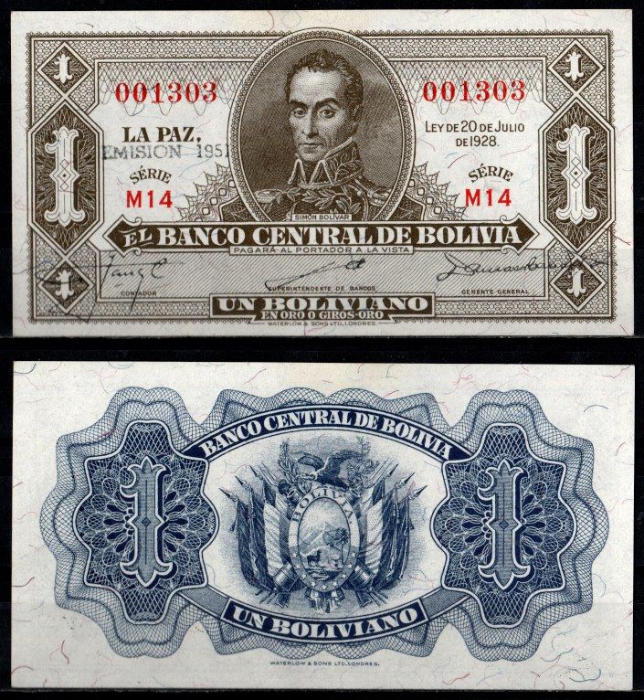 Боливия 1 боливиано 1928 (1951-1952) надпечатка EMISION 1951 Pick 128 b бумага UNC (пресс) 6280-20-1-2