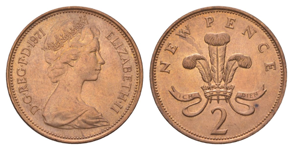Великобритания 2 пенса 1971 Елизавета II (1952-2022) KM 916, Spink 4235 (C1) бронза UNC 4628-755