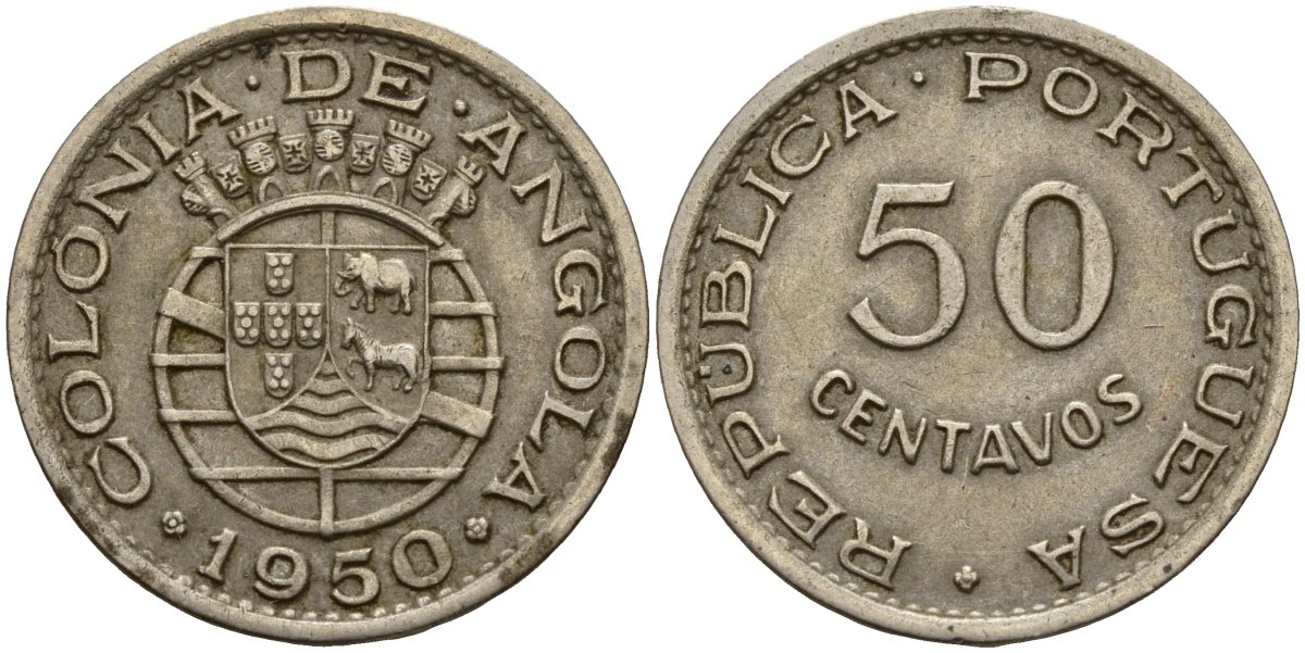 Ангола 50 сентаво 1950 300 лет революции 1648 года KM 72 никель бронза 4121-1113