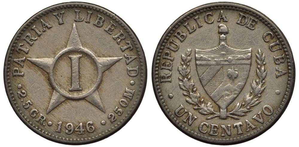 Куба 1 сентаво 1946 звезда, первая Республика (1902-1961) KM 9.2 медно-никель 4549-931
