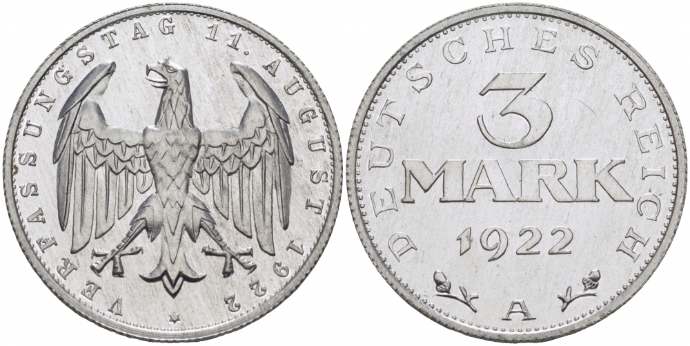 Германия 3 марки 1922 A, третья годовщина Веймарской Конституции KM 29, J. 303 алюминий PROOF 00-814-29