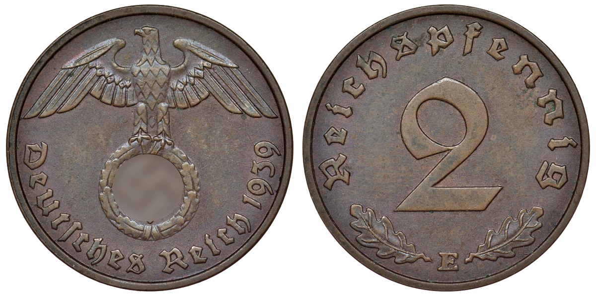 Германия 2 рейхспфеннига 1939 E KM 38, J. 362 алюминиевая бронза 4121-635
