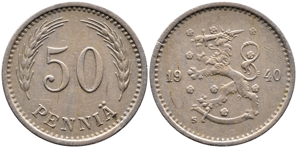 ФИНЛЯНДИЯ 50 ПЕННИ 1940 S KM 26 медно-никель 4387-525
