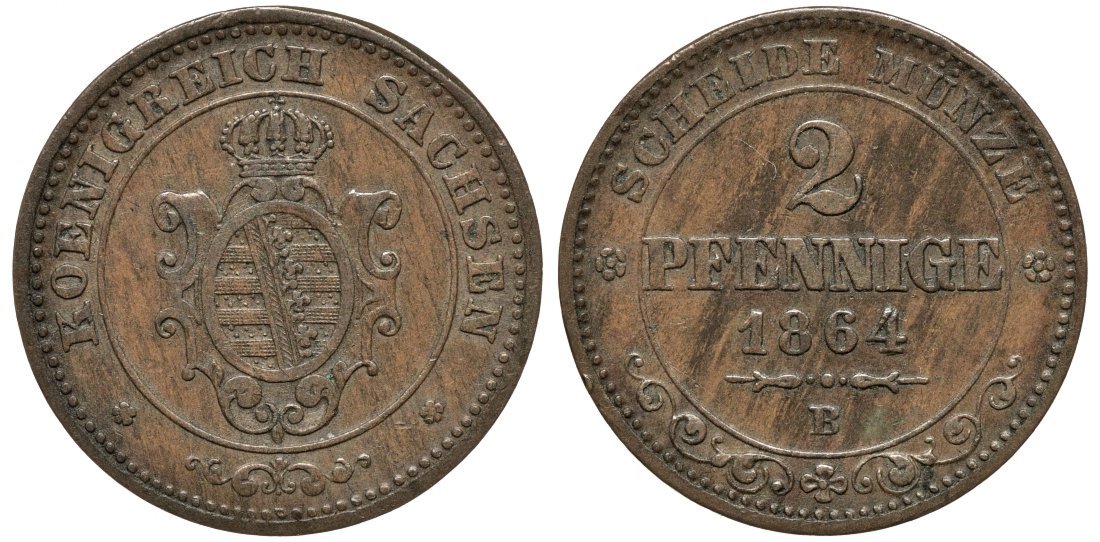 Саксония 2 пфеннига 1864 В, Иоганн (1854-1873) KM 1217, Jaeger 121, AKS 155 медь 4556-946