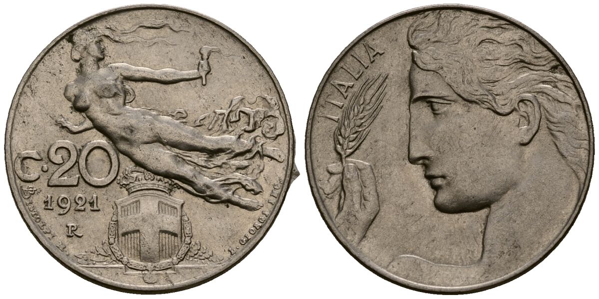 Италия 20 чентезимо 1921 R, Виктор Эммануил III (1900-1946) KM 44 никель 4177-852