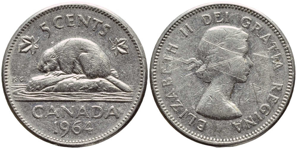 КАНАДА 5 ЦЕНТОВ 1964 БОБР KM 57 никель 4397-114