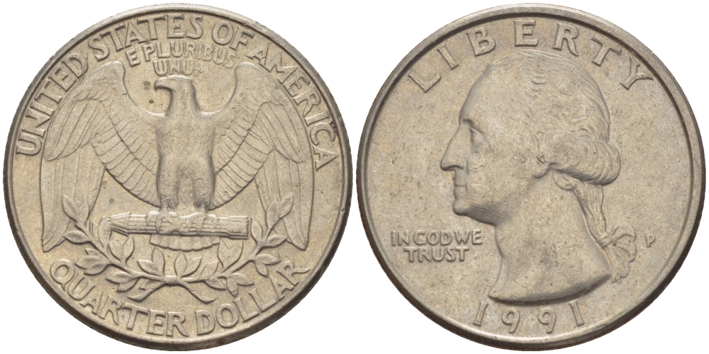 США 25 ЦЕНТОВ = КВОТЕР 1991 Р, ВАШИНГТОН KM А164а медь плакированная медно-никелем 31-811