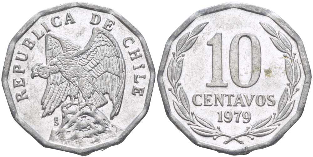 Чили 10 сентаво 1979 KM 205a алюминий 4402-437