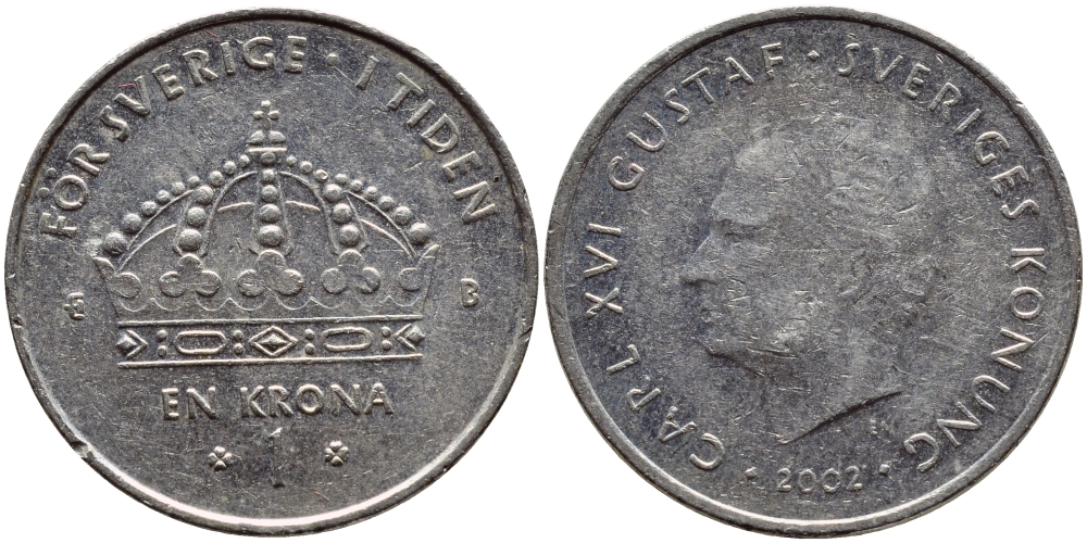 Швеция 1 крона 2002 Карл XVI Густав (1973- ) KM 894 медно-никель 4364-711