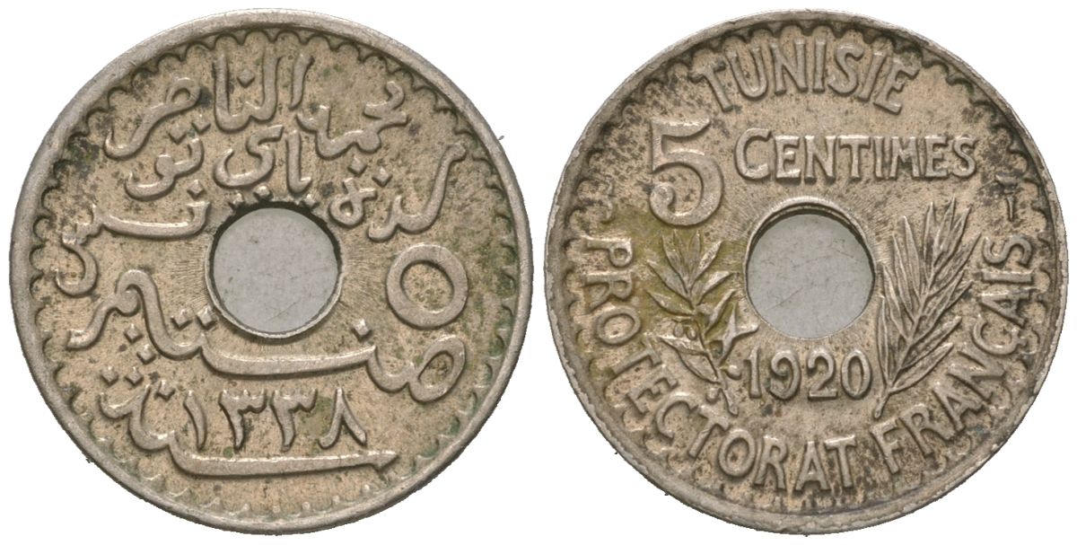 Тунис 5 сантимов 1920 A KM 242 никель латунь     aUNC 4615-535