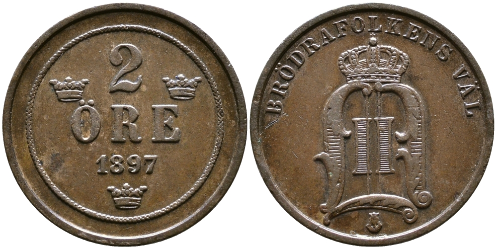 Швеция 2 эре 1897 Оскар II (1872-1907) король Швеции и Норвегии KM 746 бронза 56-512