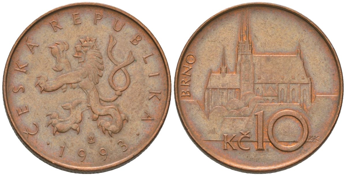 Чехия 10 крон 1993 HM, кафедральный собор в Брно KM 4 сталь плакированная медью 4592-813