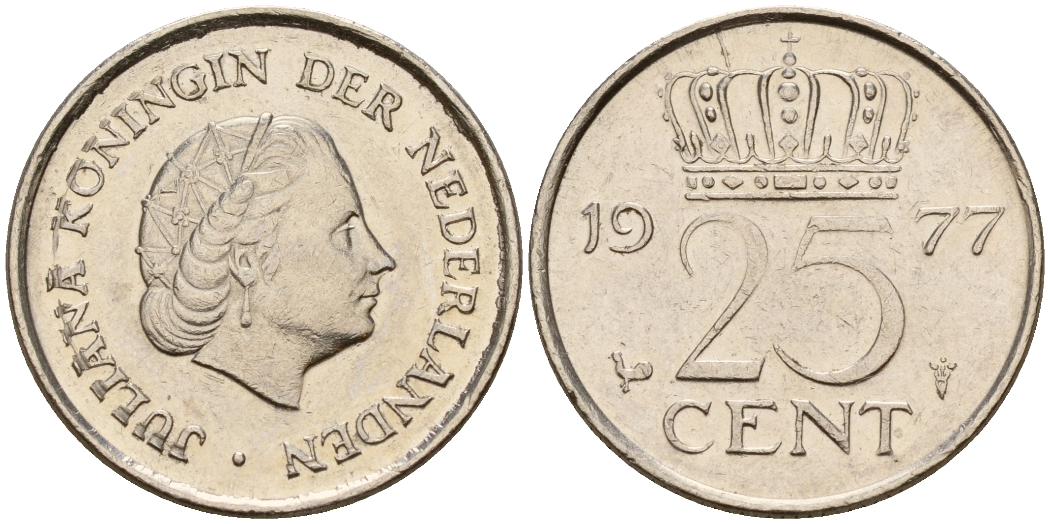 Нидерланды 25 центов 1977 Юлиана (1948-1980) KM 183 никель  4598-127