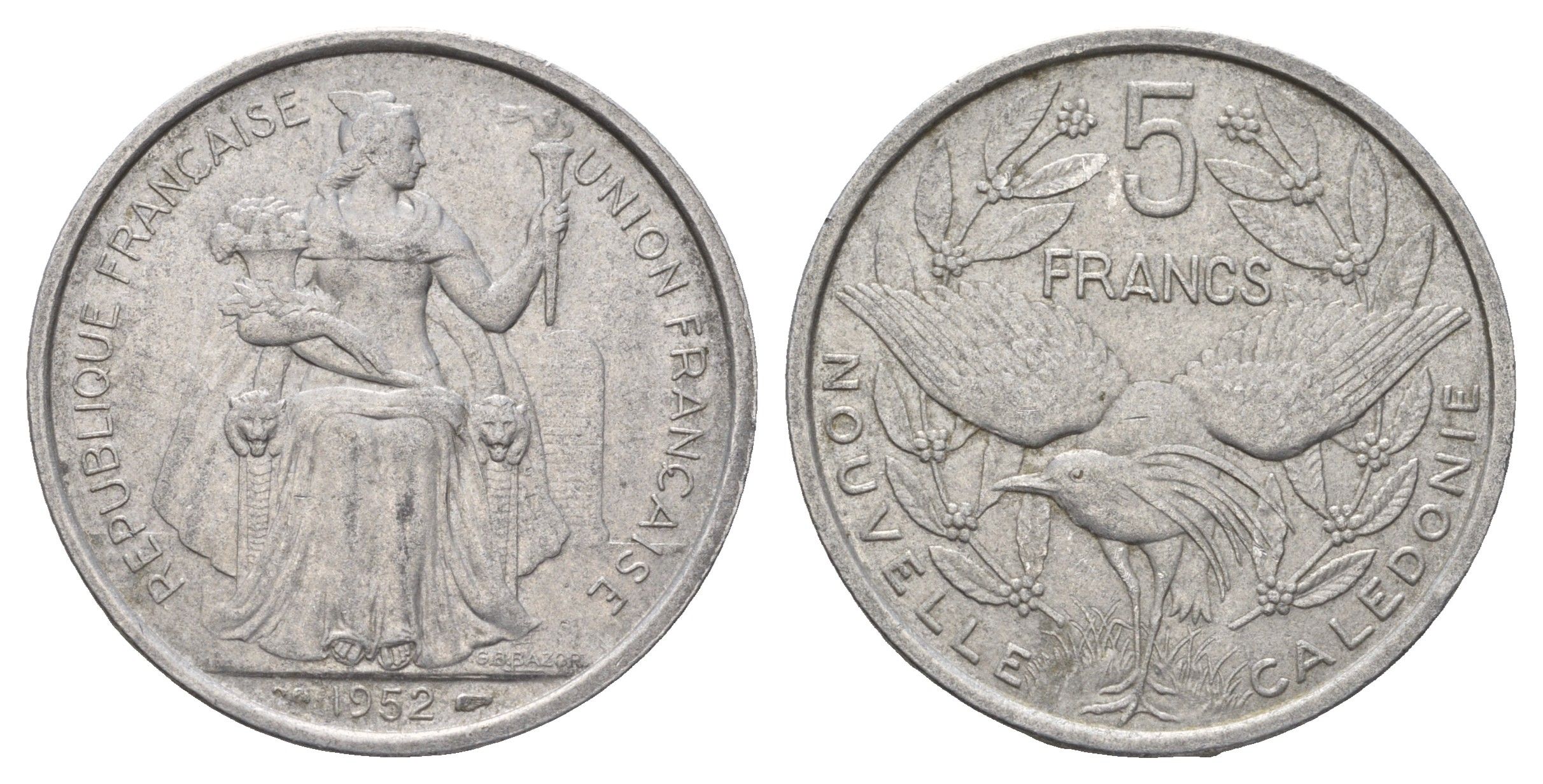 Новая Каледония 5 франков 1952 год-тип KM 4 алюминий 176-1122