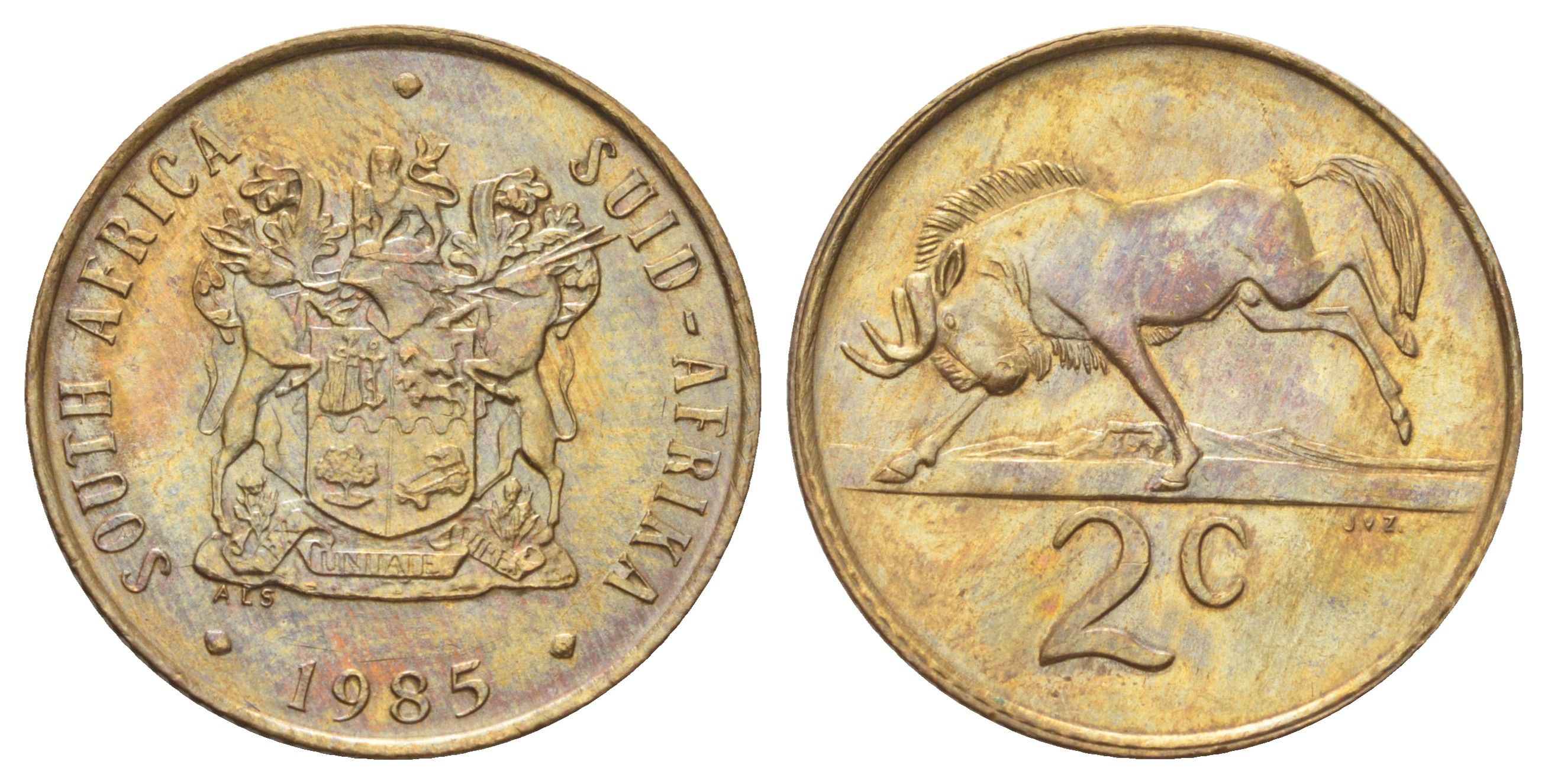 ЮАР 2 цента 1985 герб, антилопа гну KM 83 бронза UNC 4695-1051