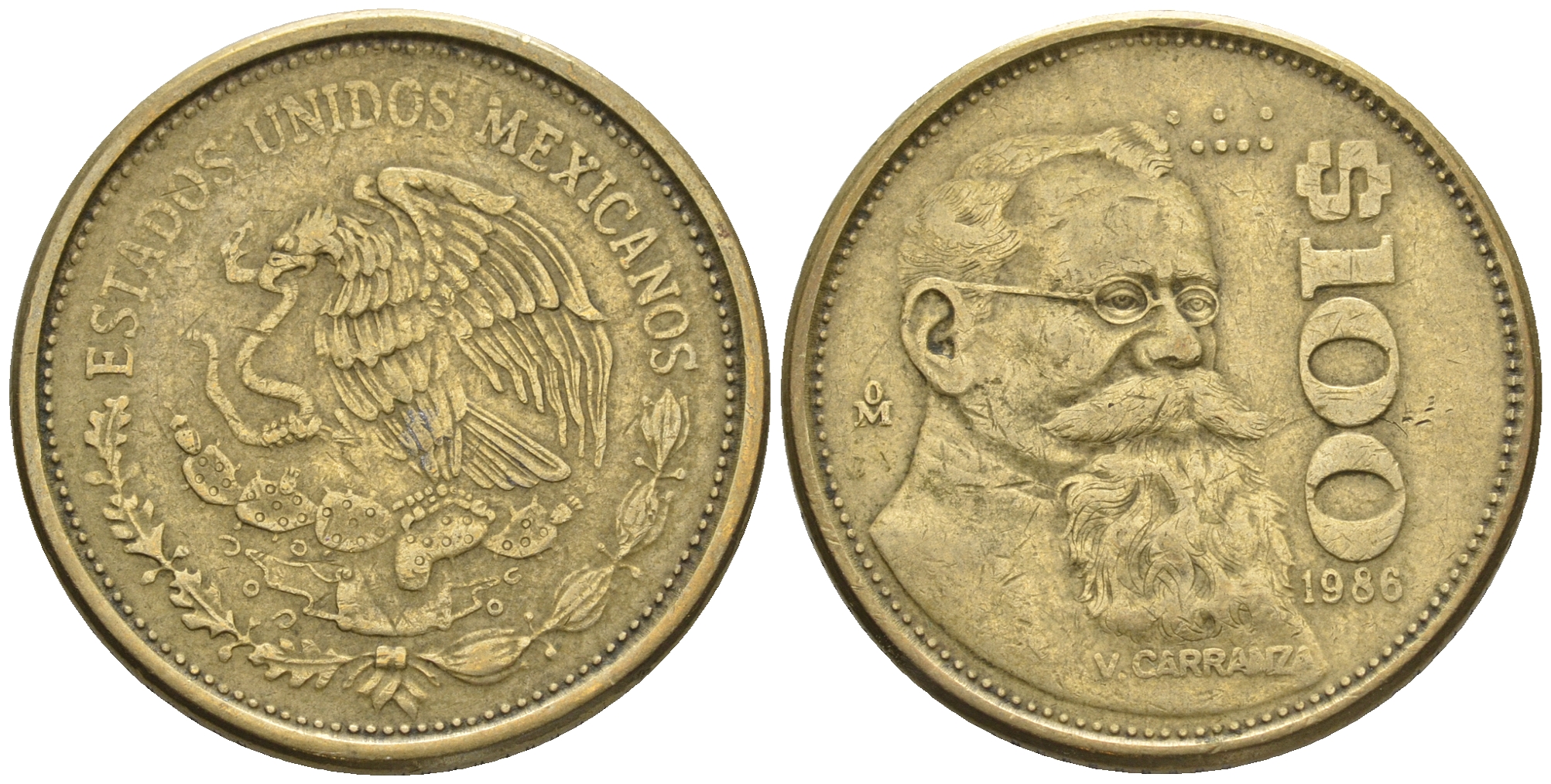 Мексика 100 песо 1988 Мо, Венустиано Карранса де ла Гарса KM 493 алюминиевая бронза 87-756