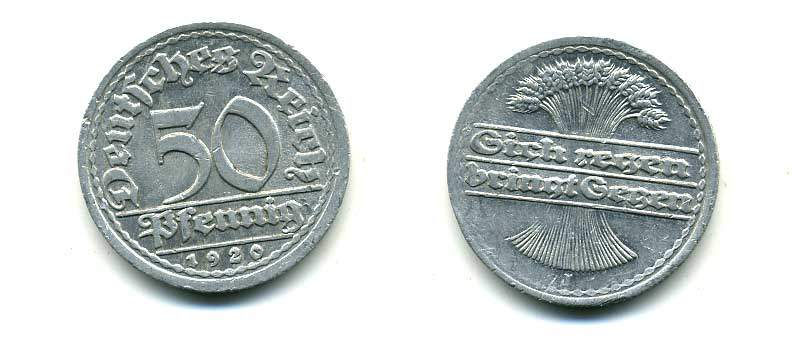 ГЕРМАНИЯ 50 ПФЕННИГОВ 1920 J KM 27, J. 301 алюминий 83-1712