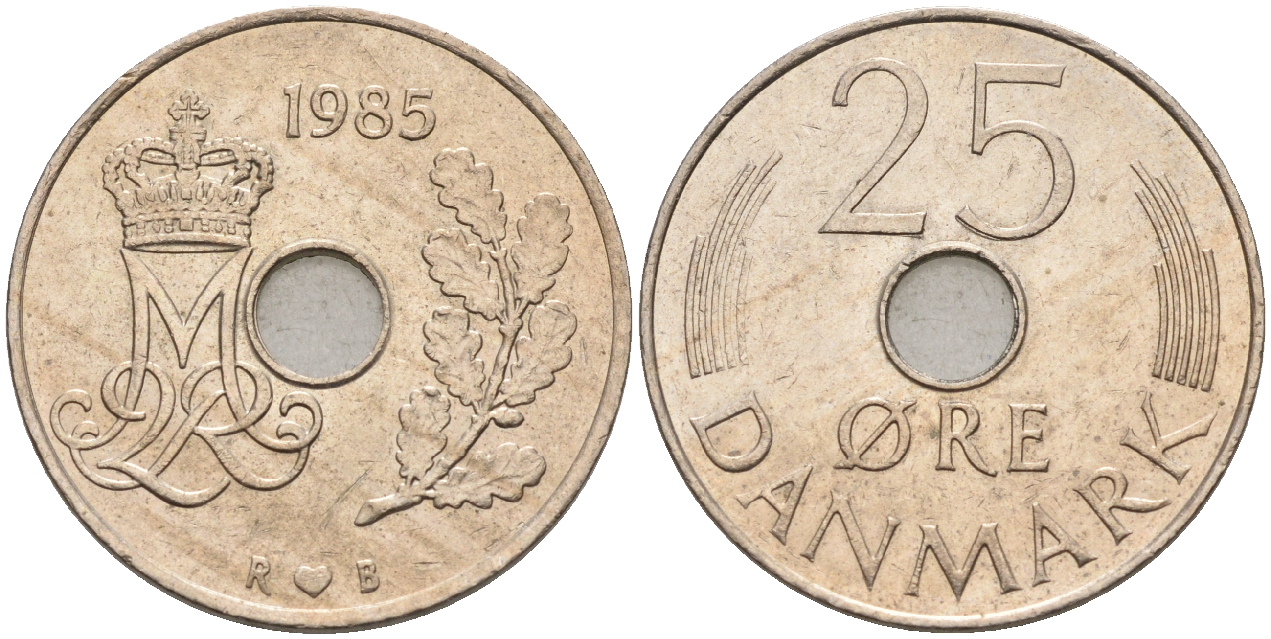 ДАНИЯ 25 ЭРЕ 1983 R; B, МАРГРЕТЕ II (1972-) KM 861.3 медно-никель 4566-546