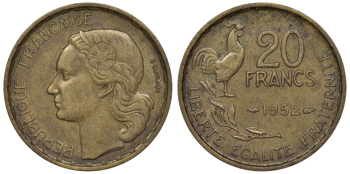 Франция 20 франков 1952 петух, 4 пера KM 917.1, Le Franc 402.9 алюминиевая бронза 4128-534