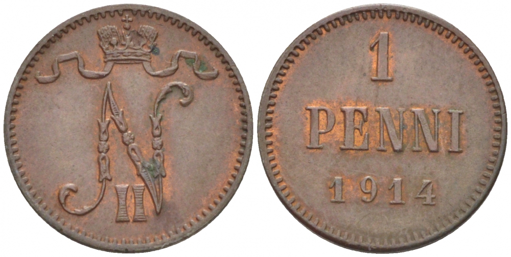 Россия для Финляндии 1 пенни 1914 Николай II (1894-1917) KM 13, Биткин 474 медь 4396-1422