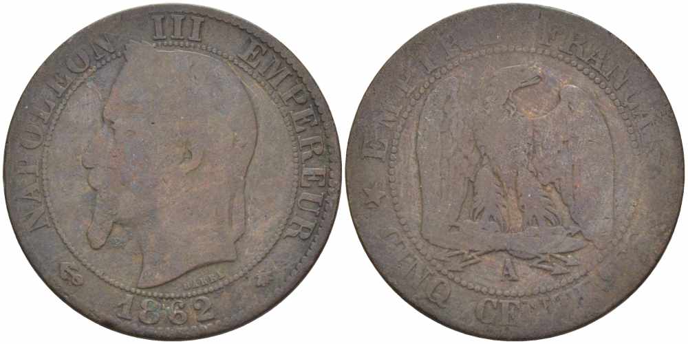 ФРАНЦИЯ 5 САНТИМОВ 1862 A, НАПОЛЕОН III (1852-1870) KM 797.1, LE FRANC 117.5 бронза 108-523
