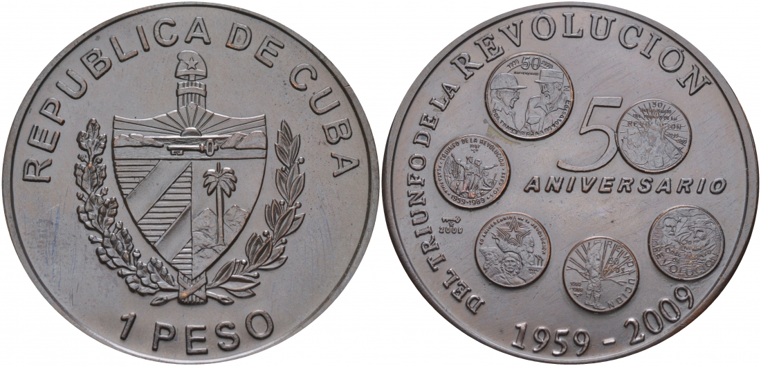 КУБА 1 ПЕСО 2009 50 ЛЕТ ПОБЕДЫ РЕВОЛЮЦИИ, МОНЕТЫ, БОЛЬШАЯ ЧЁРНАЯ медь UNC 00-00