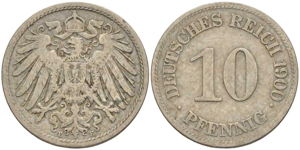 ГЕРМАНИЯ 10 ПФЕННИГОВ 1900 E KM 12, J. 13 медно-никель 4401-1154