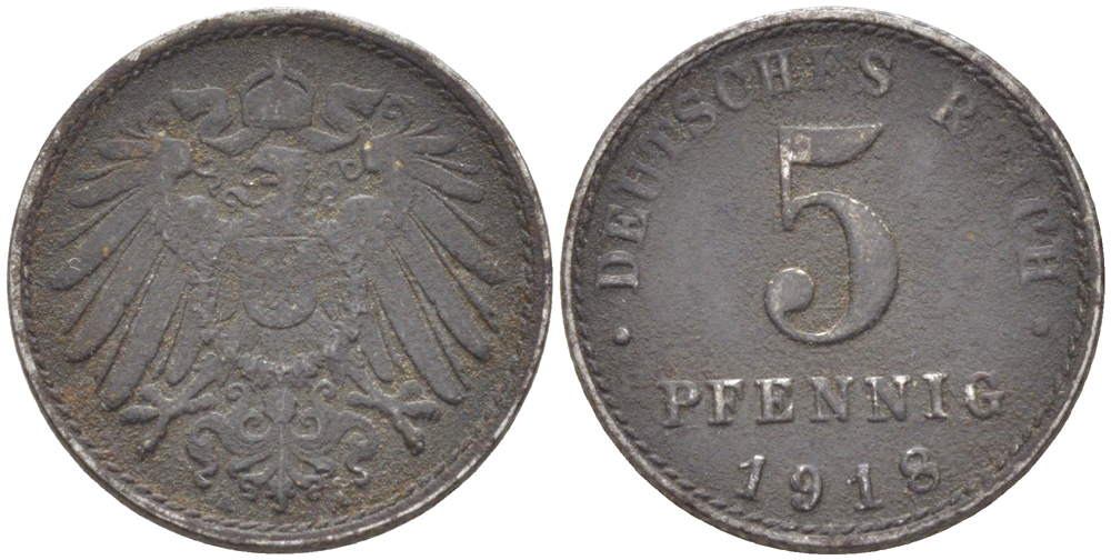 ГЕРМАНИЯ 5 ПФЕННИГОВ 1918 А KM 19, J. 297, Weege 5 железо 4181-526