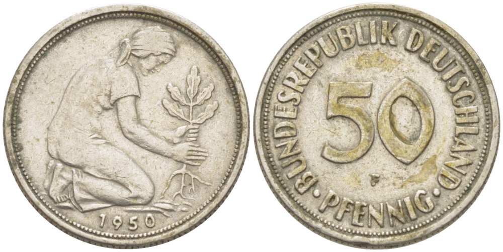 ФРГ 50 ПФЕННИГОВ 1950 F KM 109.1, J. 384 медно-никель 217-1127