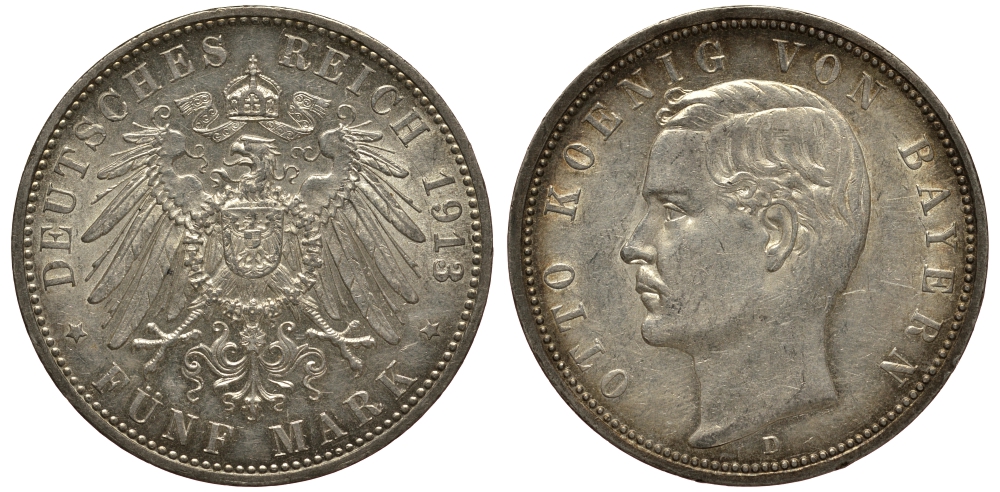 Бавария 5 марок 1913 D, Отто (1886-1913) Weege 47, J. 46, KM 512 серебро 3711-1544