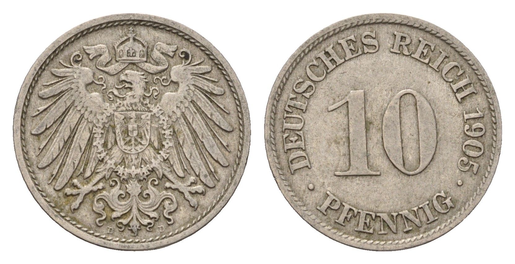Германия 10 пфеннигов 1905 D, Вильгельм II (1888-1918) KM 12, J. 13 медно-никель 4636-854