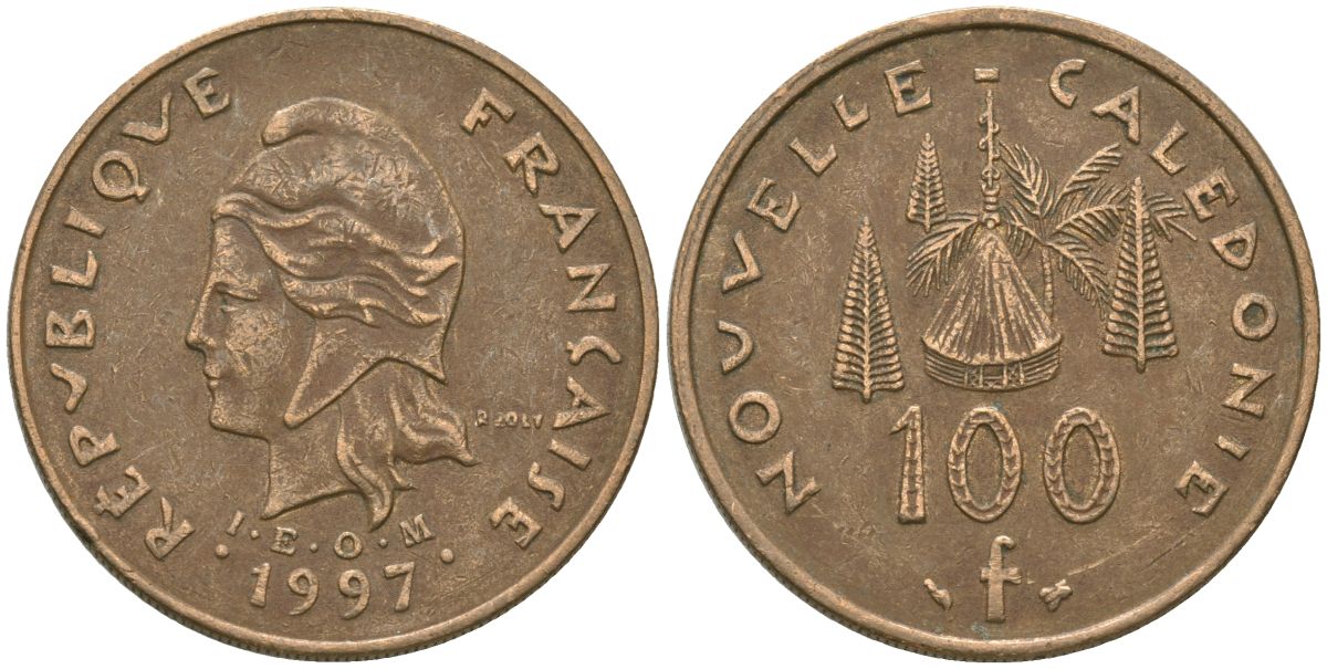 Французская Новая Каледония 100 франков 1997 хижина среди сосен и пальм, (IEOM) KM 15, Schoen 16, Lec 139a никель бронза 88-1216