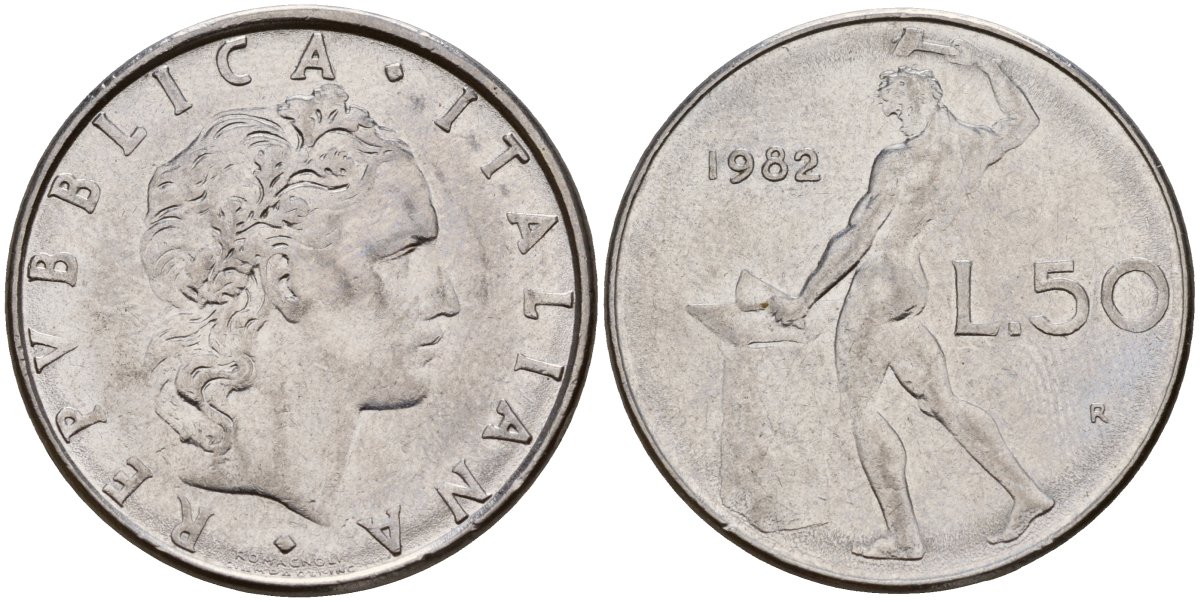 Италия 50 лир 1982 R, бог Вулкан у наковальни KM 95.1 нержавеющая сталь 4156-744