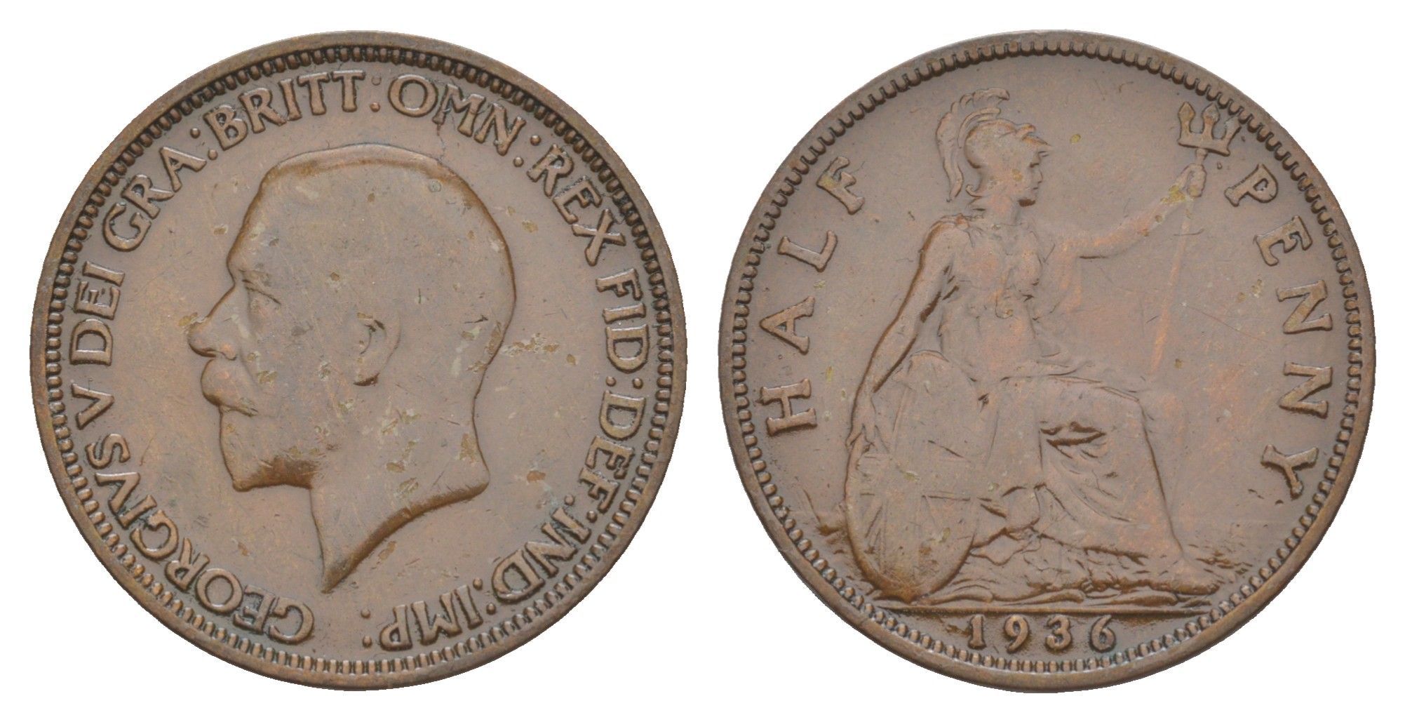 Великобритания 1/2 пенни 1936 Георг V (1910-1936) KM 837, Spink 4058 бронза 4638-454