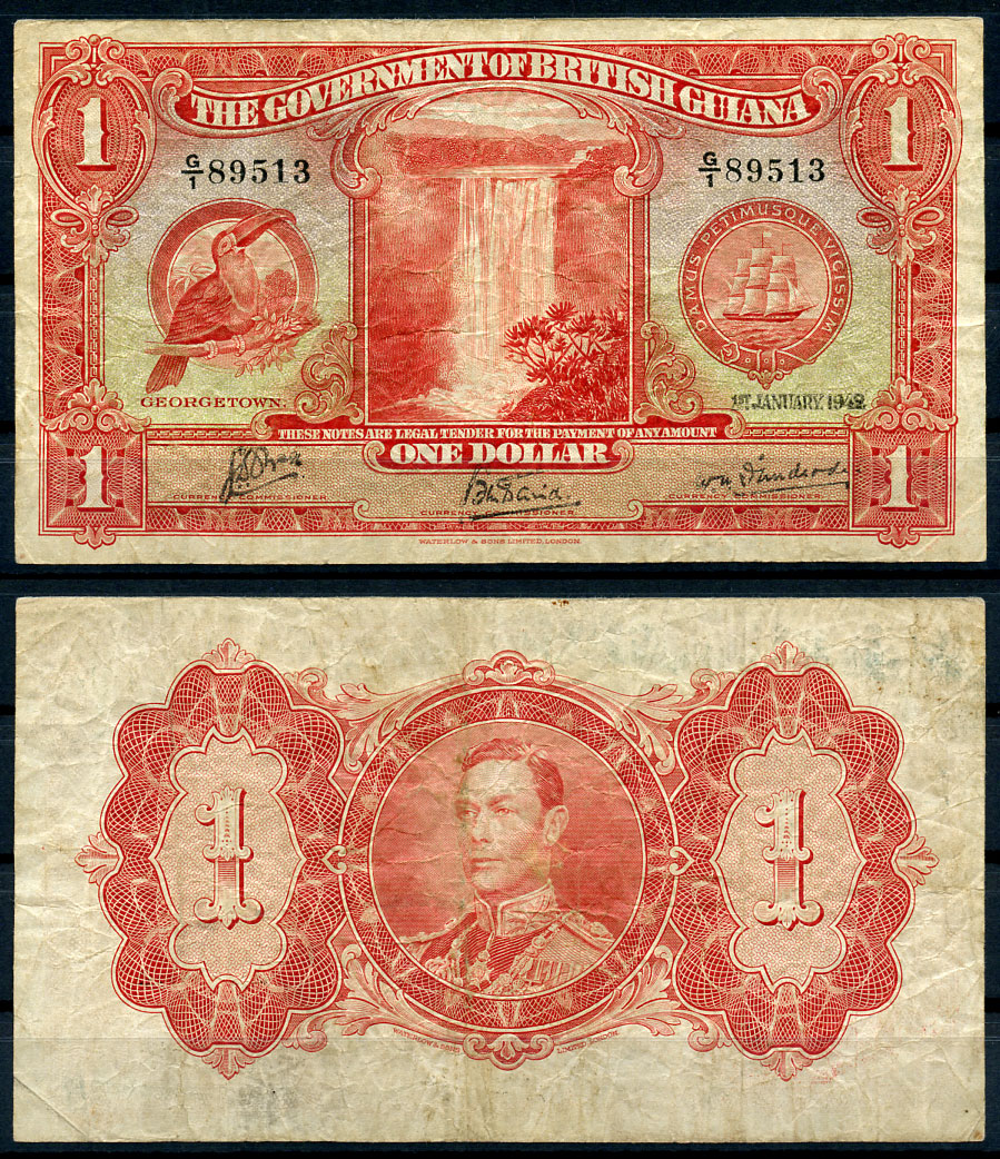 Британская Гвиана 1 доллар 1942 1 января 1942, тукан, водопад Кайтур, Георг VI (1937-1952) Pick 12 c  бумага 00-00