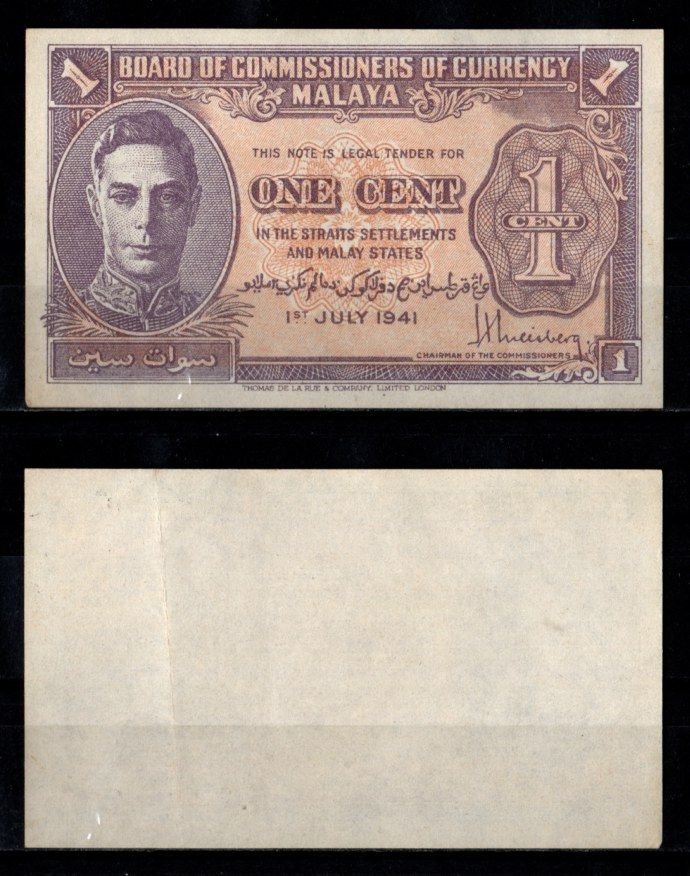 Малайя 1 цент 1941 Pick 6 бумага 7217-6-2-2
