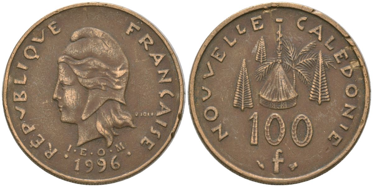 Французская Новая Каледония 100 франков 1996 хижина среди сосен и пальм, (IEOM) KM 15, Schoen 16, Lec 139 никель латунь 4140-935