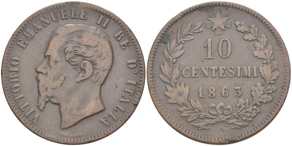 ИТАЛИЯ 10 ЧЕНТЕЗИМО 1863 МОНДВОР ПАРИЖ, ВИКТОР ЭММАНУИЛ II (1861-1878) KM 11.2 медь 4526-731