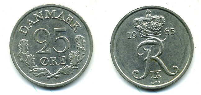 ДАНИЯ 25 ЭРЕ 1965 KM 850 медно-никель 04-924