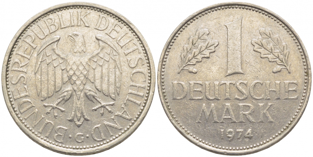 ФРГ 1 МАРКА 1974 G KM 110, J. 385 медно-никель 3856-131