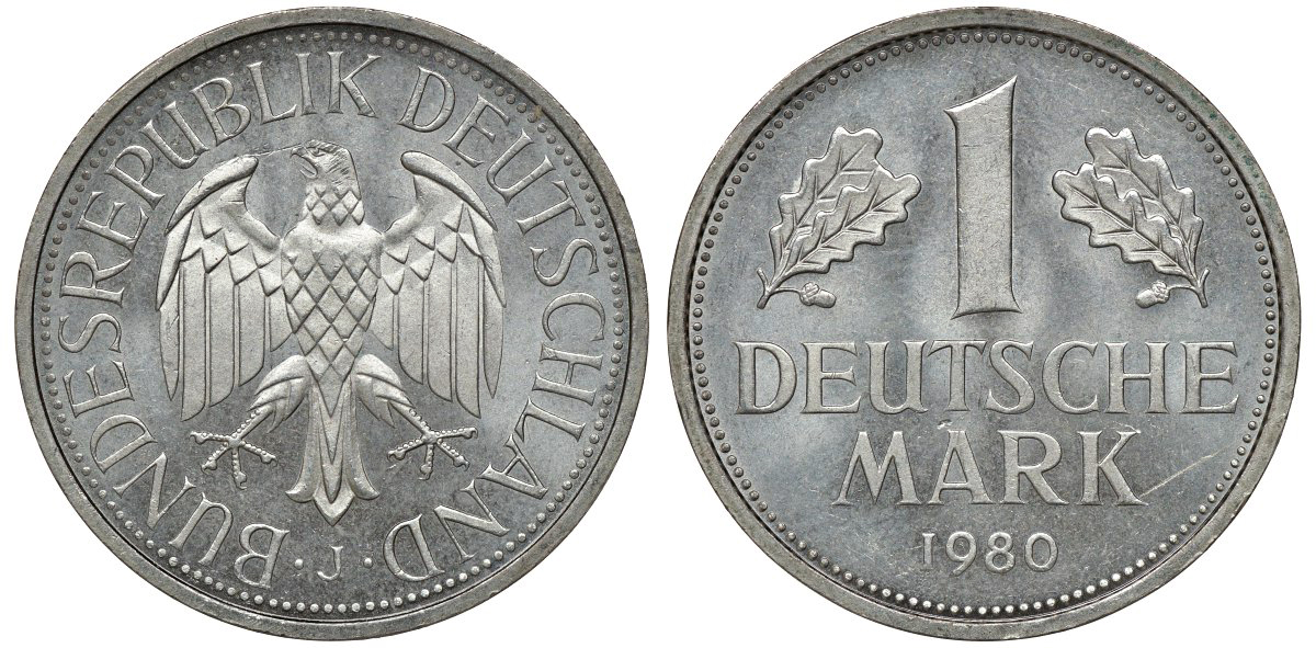 ФРГ 1 МАРКА 1980 J J 385, KM 110 медно-никель aUNC 72-915