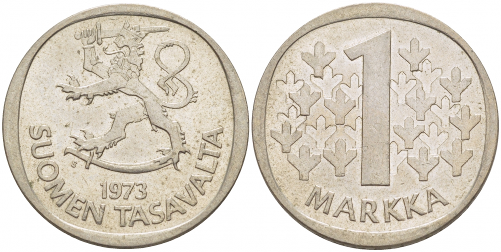 ФИНЛЯНДИЯ 1 МАРКА 1973 S KM 49а медно-никель 3718-734