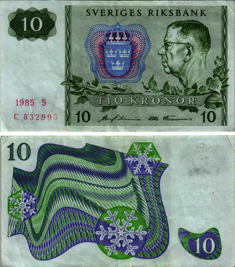 ШВЕЦИЯ 10 КРОН 1985 СЕРИЯ S, КОРОЛЬ ГУСТАВ VI АДОЛЬФ Pick 52е бумага VF 7147-7-1-1