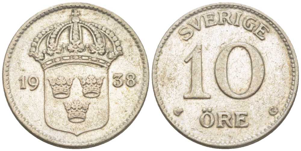 Швеция 10 эре 1938 G, Густав V (1907-1950) KM 780 серебро 116-1157