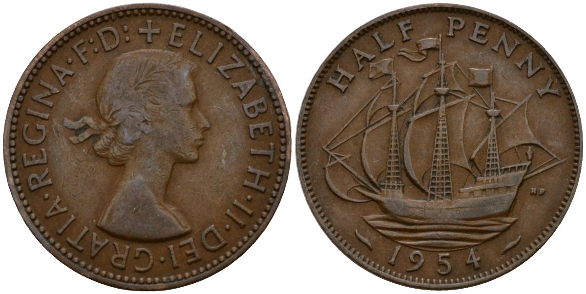 Великобритания 1/2 пенни 1954 Елизавета II (1952-2022) KM 896, Spink 4158 бронза 4601-434