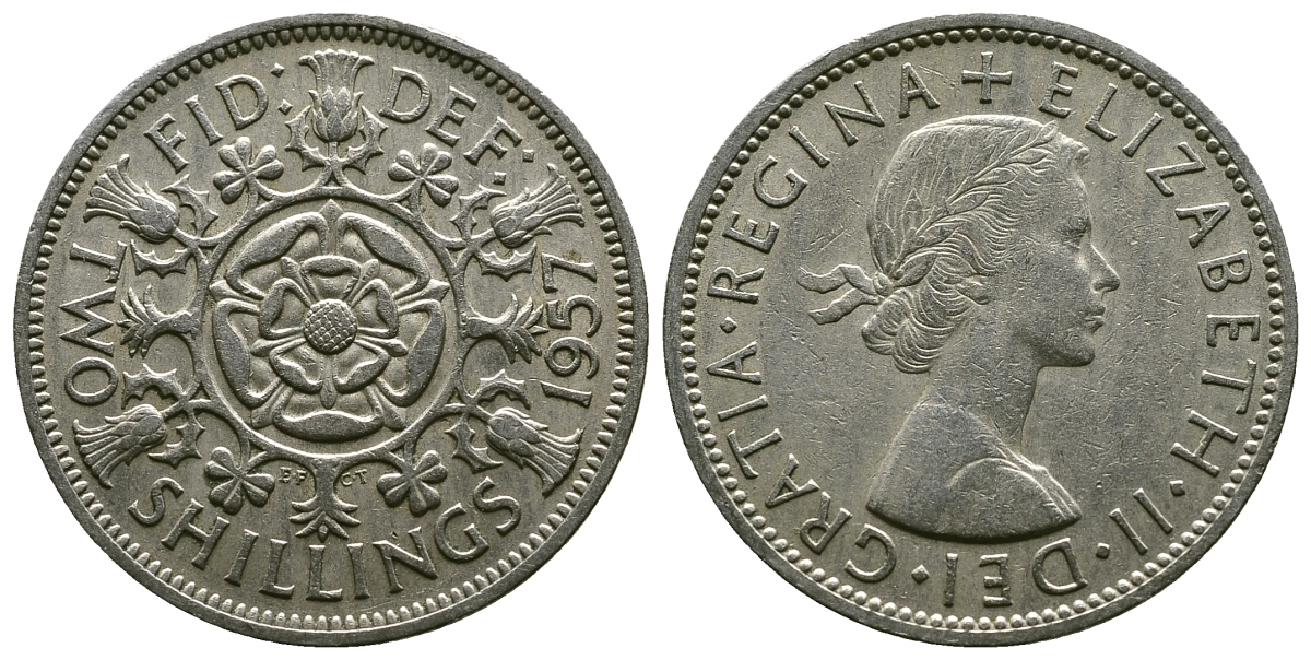 Великобритания 2 шиллинга (флорин) 1957 Елизавета II (1952-2022) KM 906, Spink 4146 медно-никель 4382-135