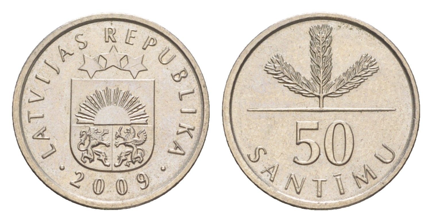 Латвия 50 сантимов 2009 KM 13 медно-никель UNC 3996-1056