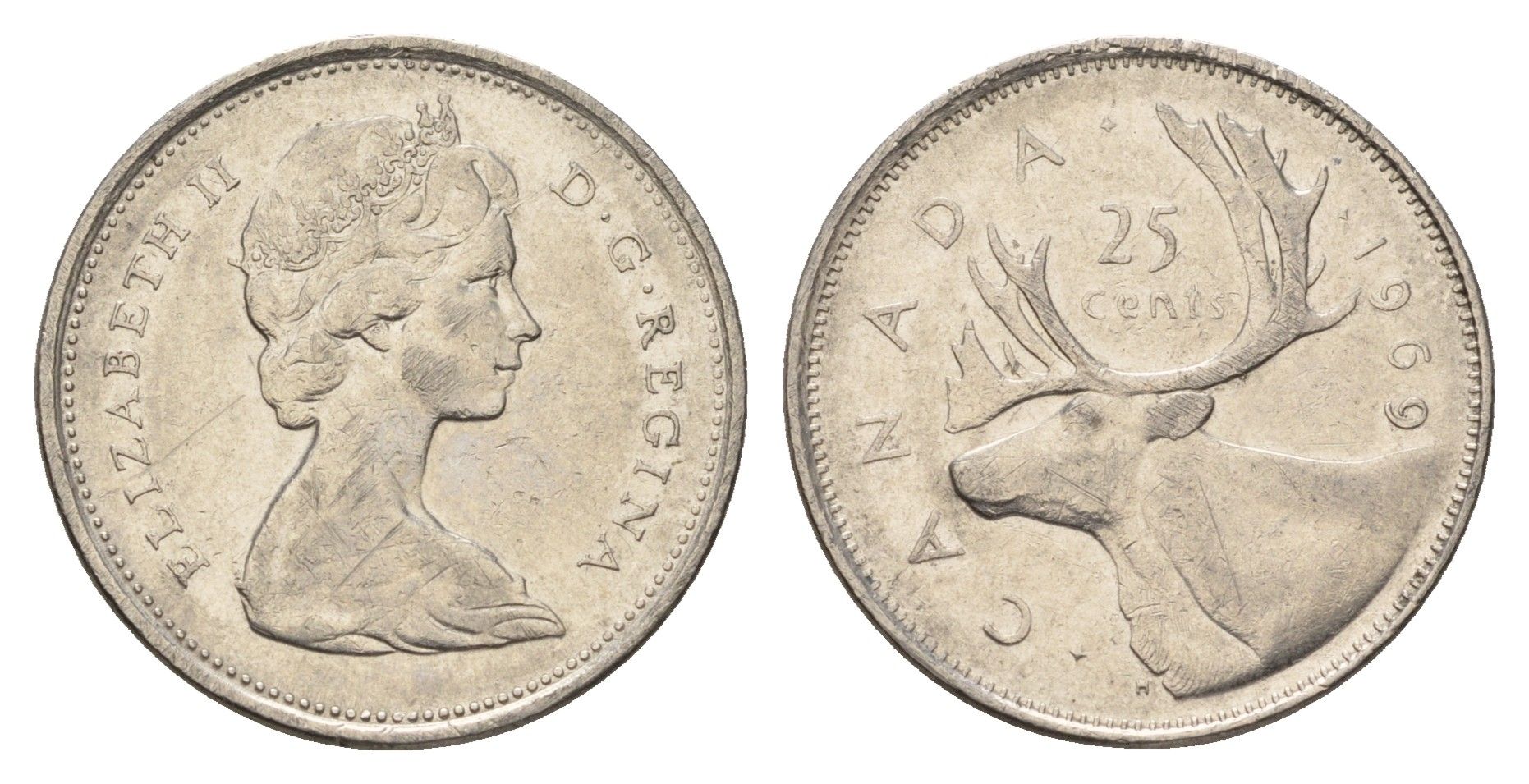 Канада 25 центов 1969 Елизавета II (1952-2022), олень KM 62b никель 4688-433